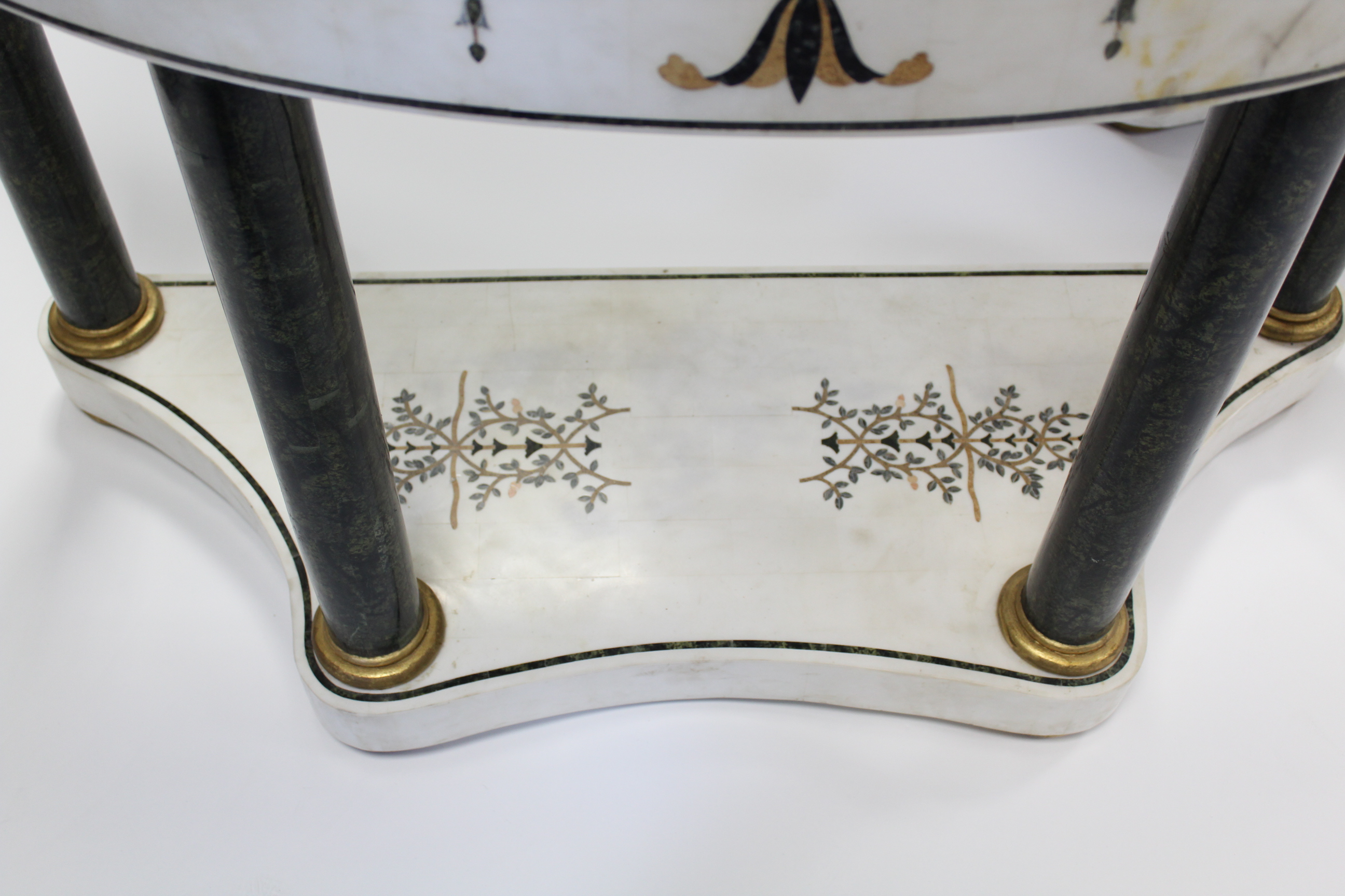 A PAIR OF WHITE MARBLE & PIETRA DURA JARDINIÈRE TABLES, each of demi-lune shape, decorated with husk - Image 6 of 8