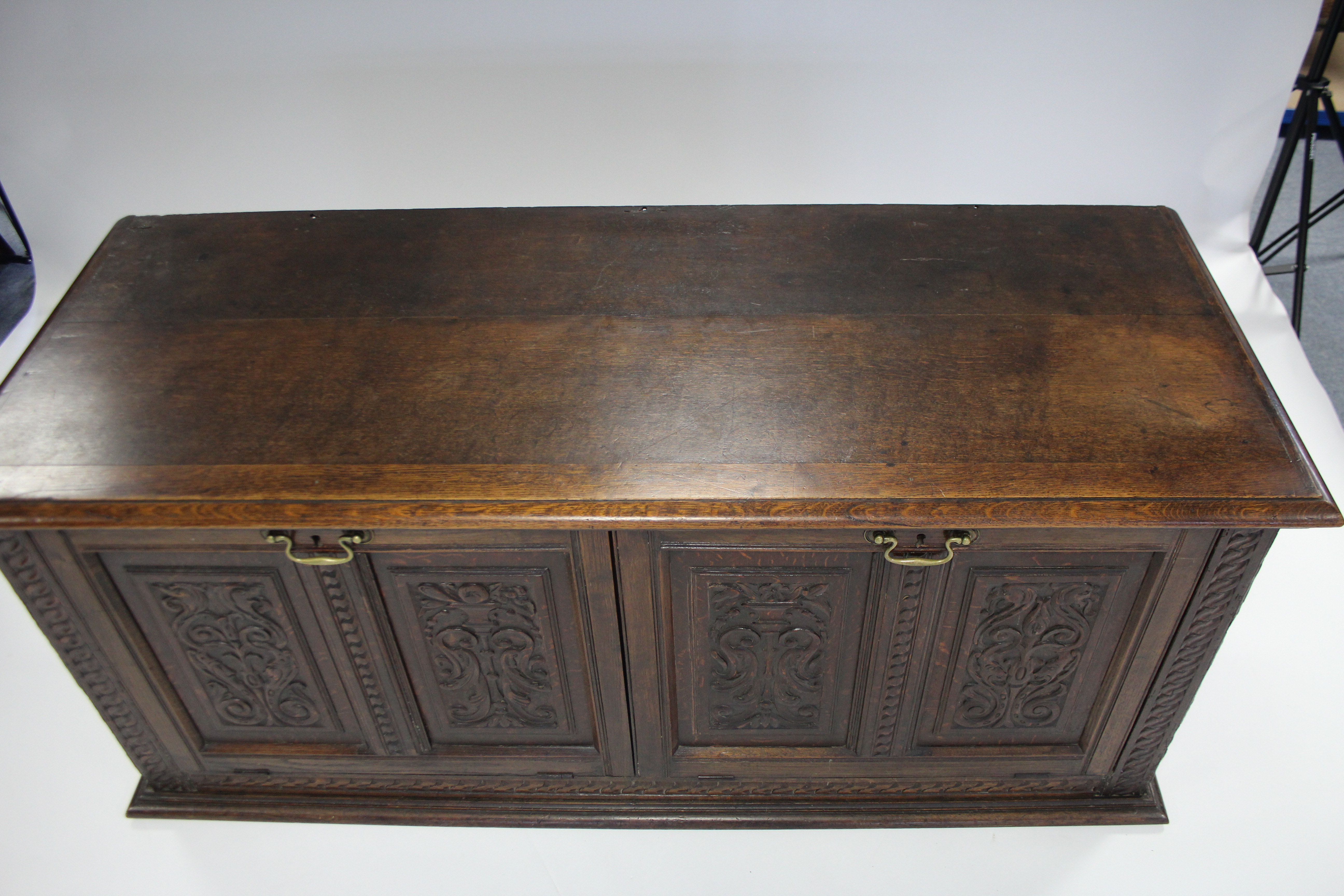 A late 17th century style converted mule chest, the four-panel front carved with mythical beasts, - Image 4 of 4