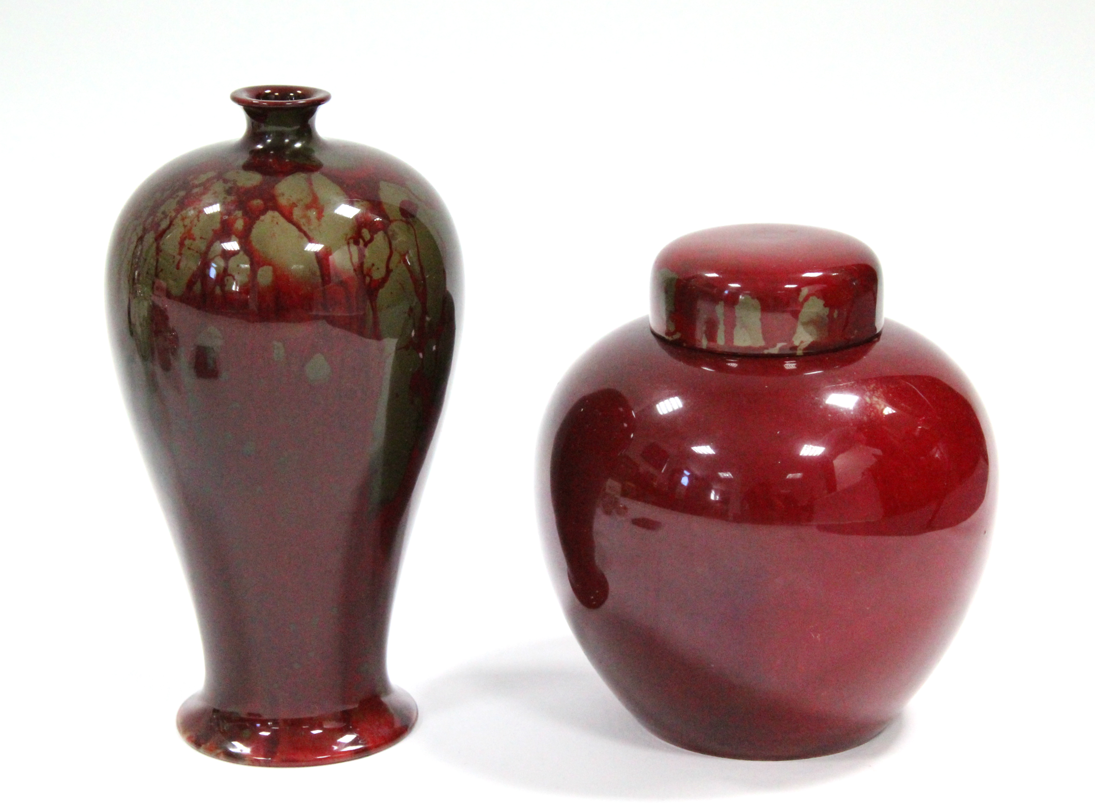 A Howson Art Pottery meiping vase of deep ox-blood glaze with dark olive-green splashes, signed &