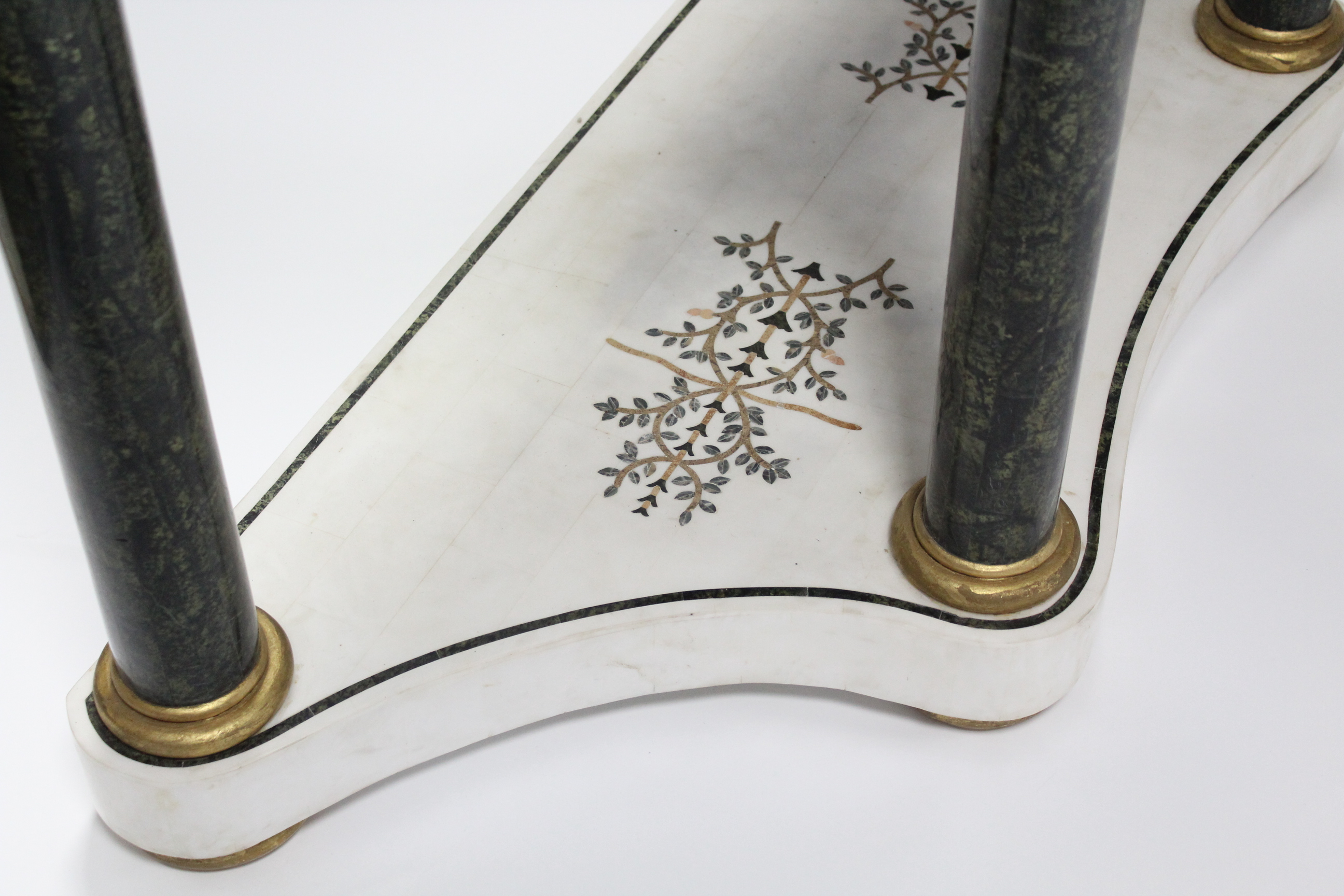 A PAIR OF WHITE MARBLE & PIETRA DURA JARDINIÈRE TABLES, each of demi-lune shape, decorated with husk - Image 8 of 8