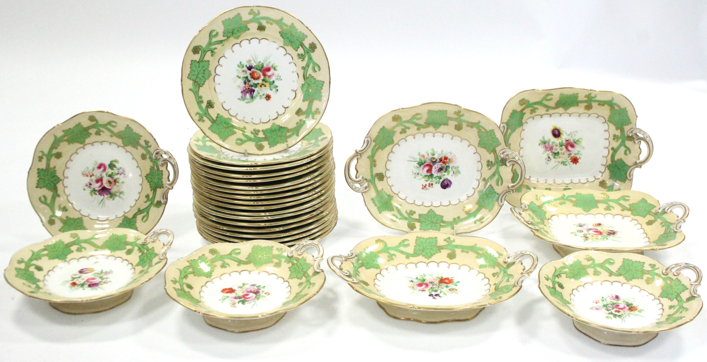 A mid-19th century English porcelain dessert service, the cream borders with green & gilt vine