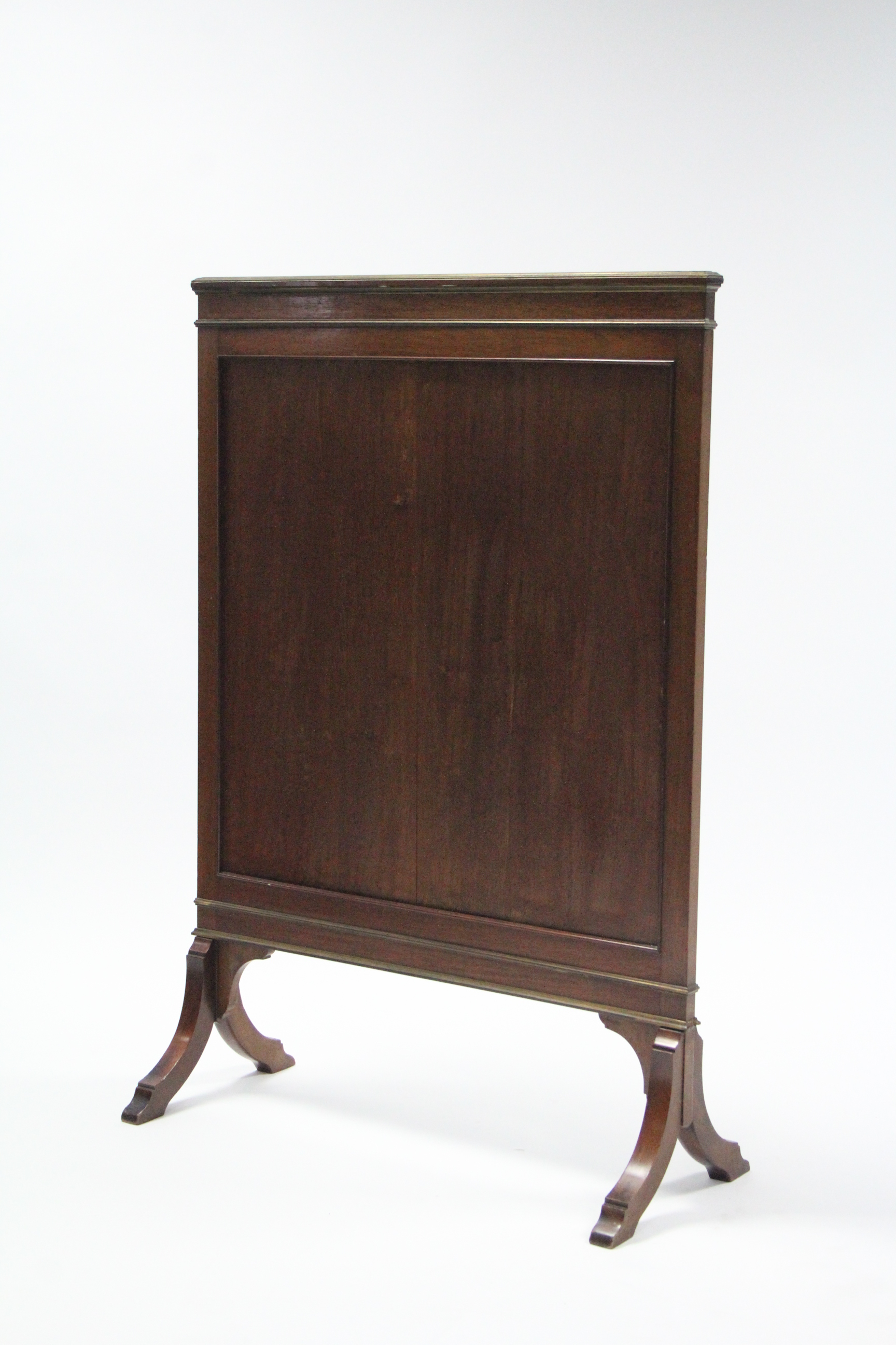 A Victorian mahogany & brass-inlaid firescreen, inset embroidered silk panel, on splay feet; 26" - Image 2 of 2