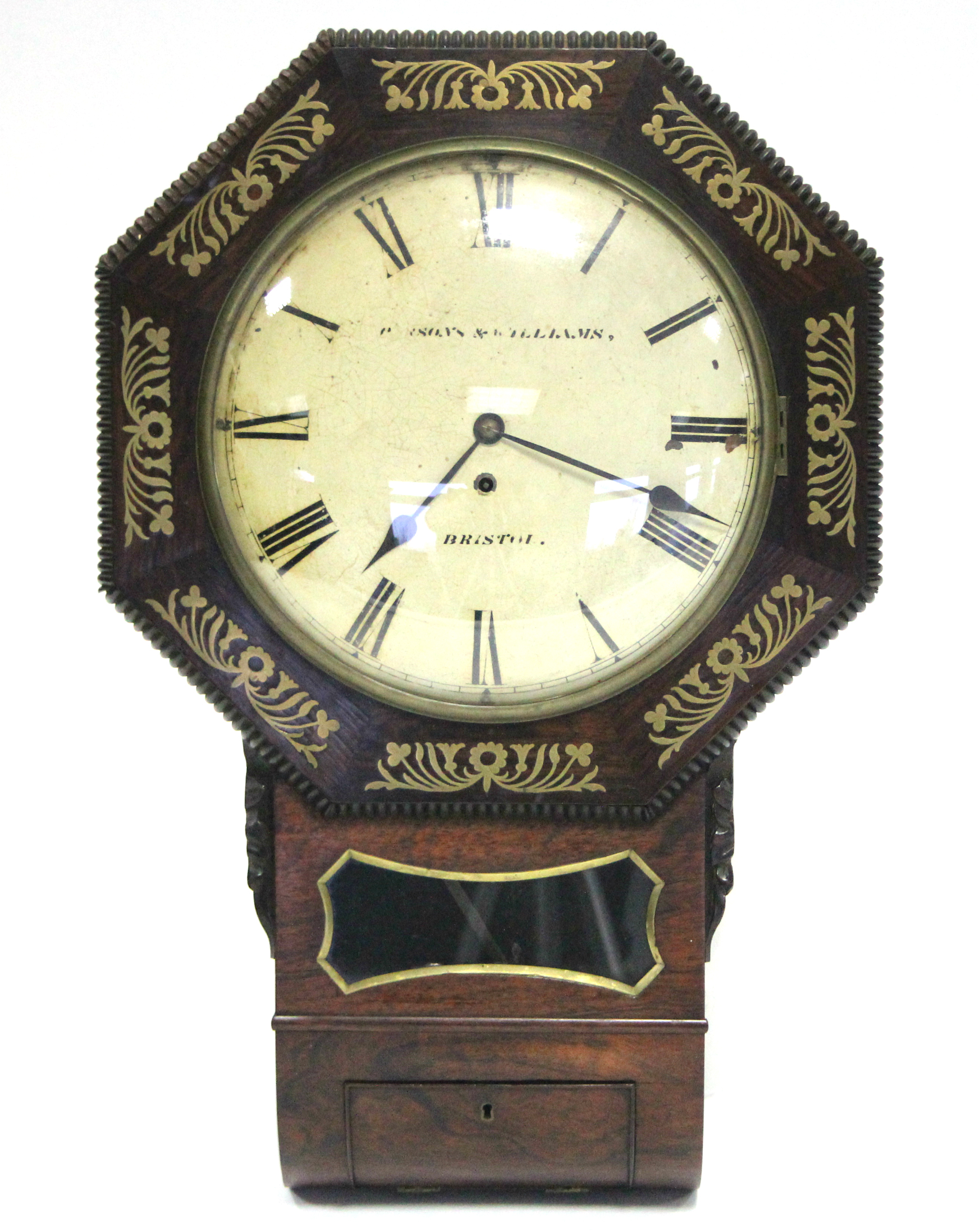 AN EARLY VICTORIAN DROP-DIAL WALL TIMEPIECE in brass inlaid rosewood octagonal case, the 12” diam.