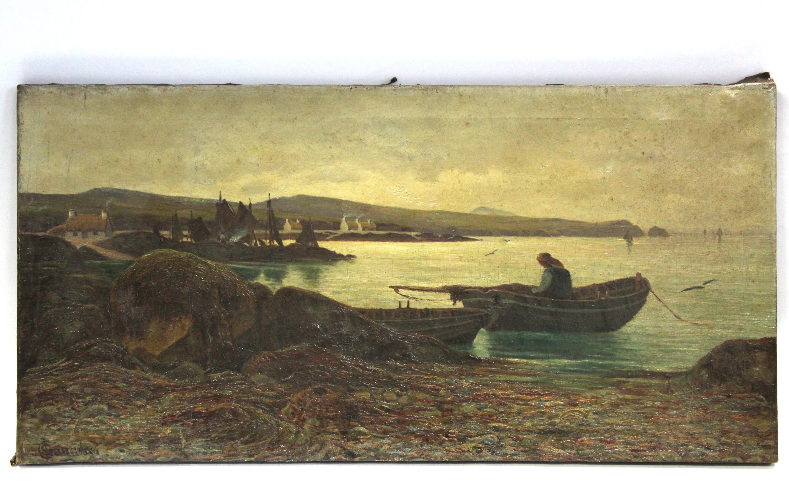 SAUNDERS, Charles L. (late 19th century). A fishing village with fisherman in small boats, 18½” x - Image 2 of 4