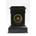 A 19th century large mantel clock in black slate case with bronzed frieze of charioteers & ditto