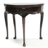 A mid-18th century red walnut box-top tea table, the demi-lune double fold-over top enclosing an