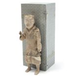 An ancient Chinese pottery standing male figure of an official dressed in tightly-wrapped robe,