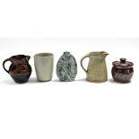 A Winchcombe studio pottery 4” beaker with speckled celadon glaze; a ditto preserve pot by Sydney