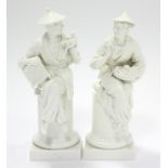 A pair of Royal Worcester white-glazed porcelain male & female Chinoiserie figures modelled by A.