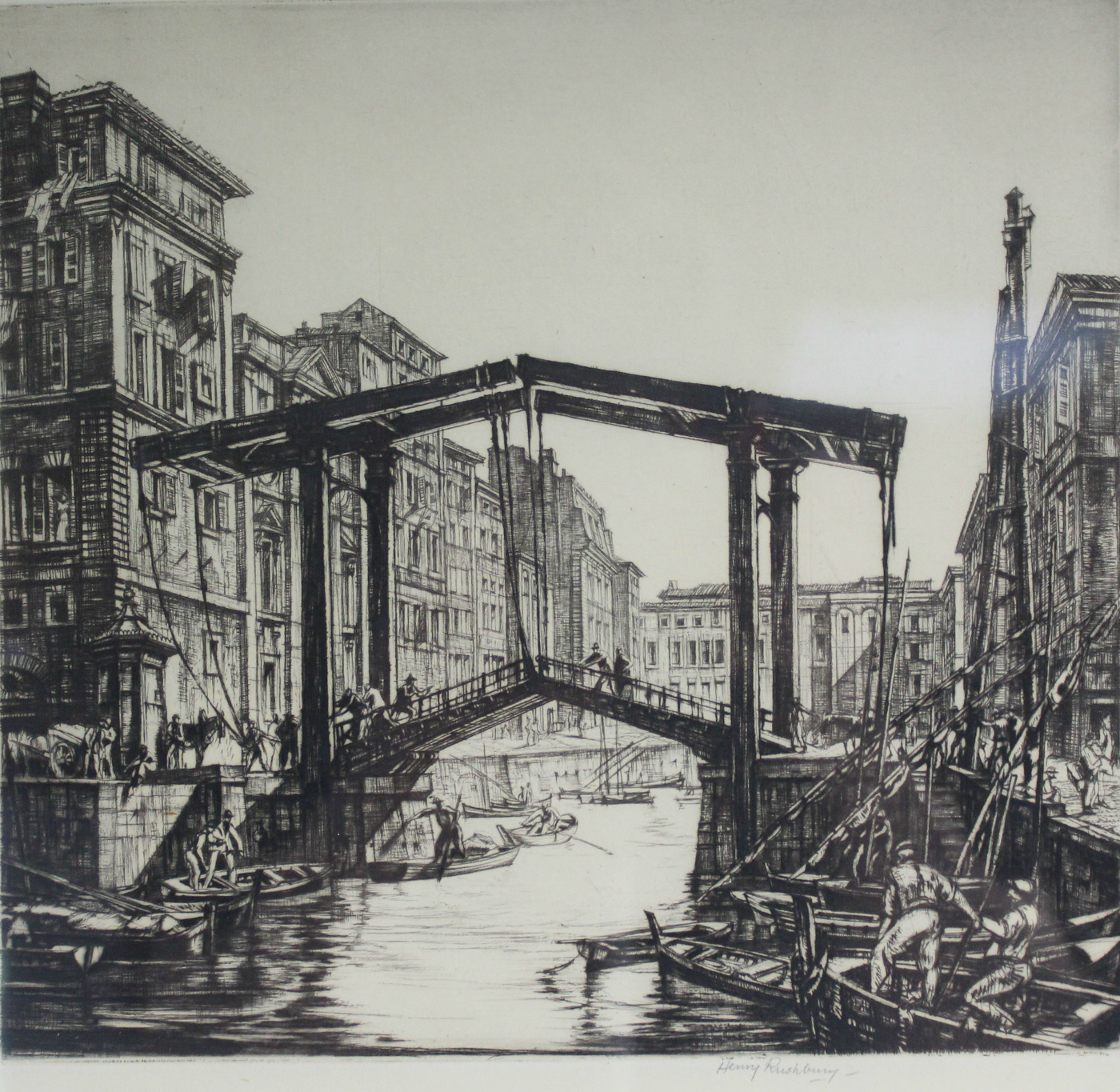 RUSHBURY, Henry, R.A. (1889-1968). “Canal de la Douane, Marseilles”, black & white etching, 9½” x