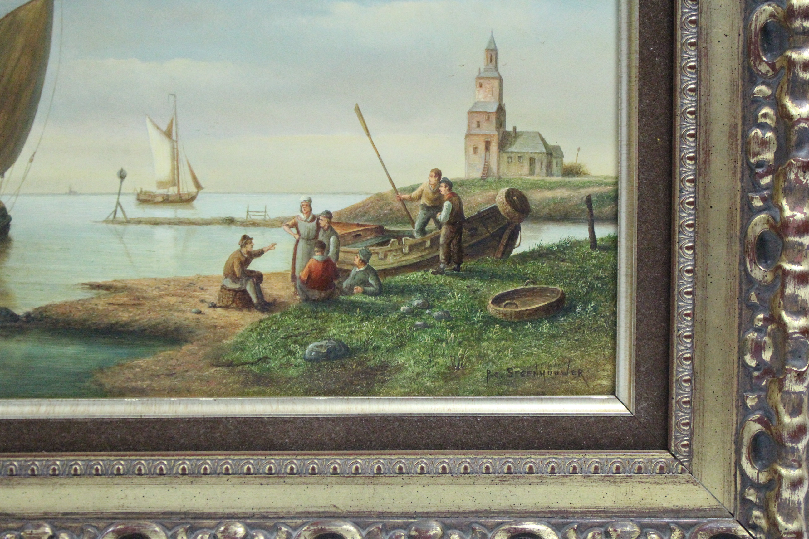 STEENHOUER, P.C. A pair of Dutch coastal scenes with figures & sailing vessels. Signed; oil on - Image 5 of 8