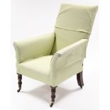 An early Victorian square back armchair upholstered pale green fabric, on turned tapering legs