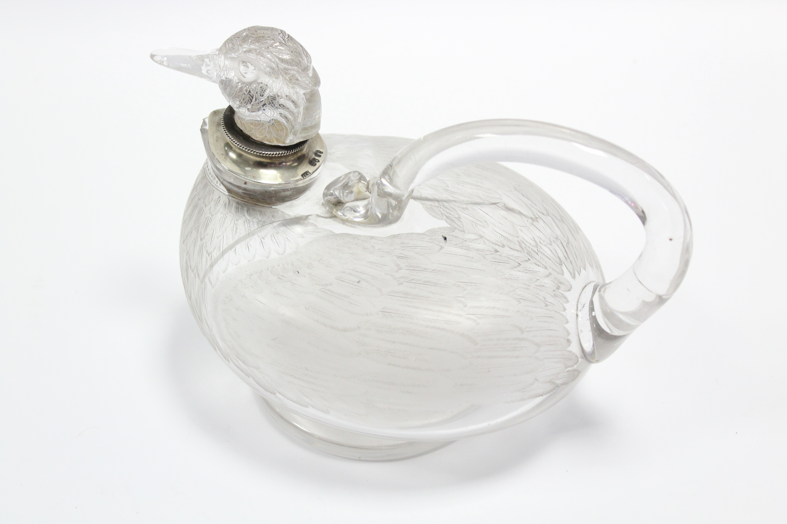 A Victorian silver-mounted cut glass novelty decanter in the form of a duck, the body with - Bild 3 aus 9