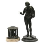 An Italian Grand Tour bronze standing figure of Narcisus, on flat circular base, 9¾” high; & a ditto