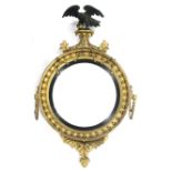 A REGENCY GILTWOOD CONVEX WALL MIRROR, with reeded slip & beaded border, ebonised eagle surmount,