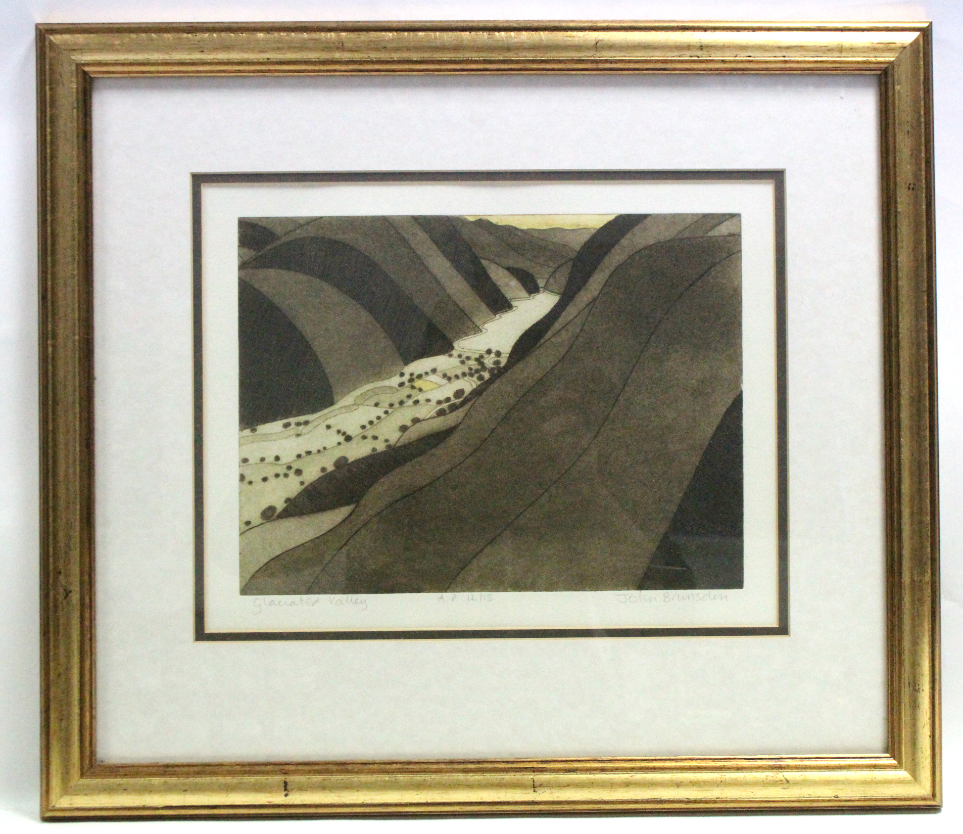 BRUNSDON, John (1933-2014). “Glaciated Valley” (12/15), & “The Valley” (117/150); coloured etchings, - Image 3 of 4