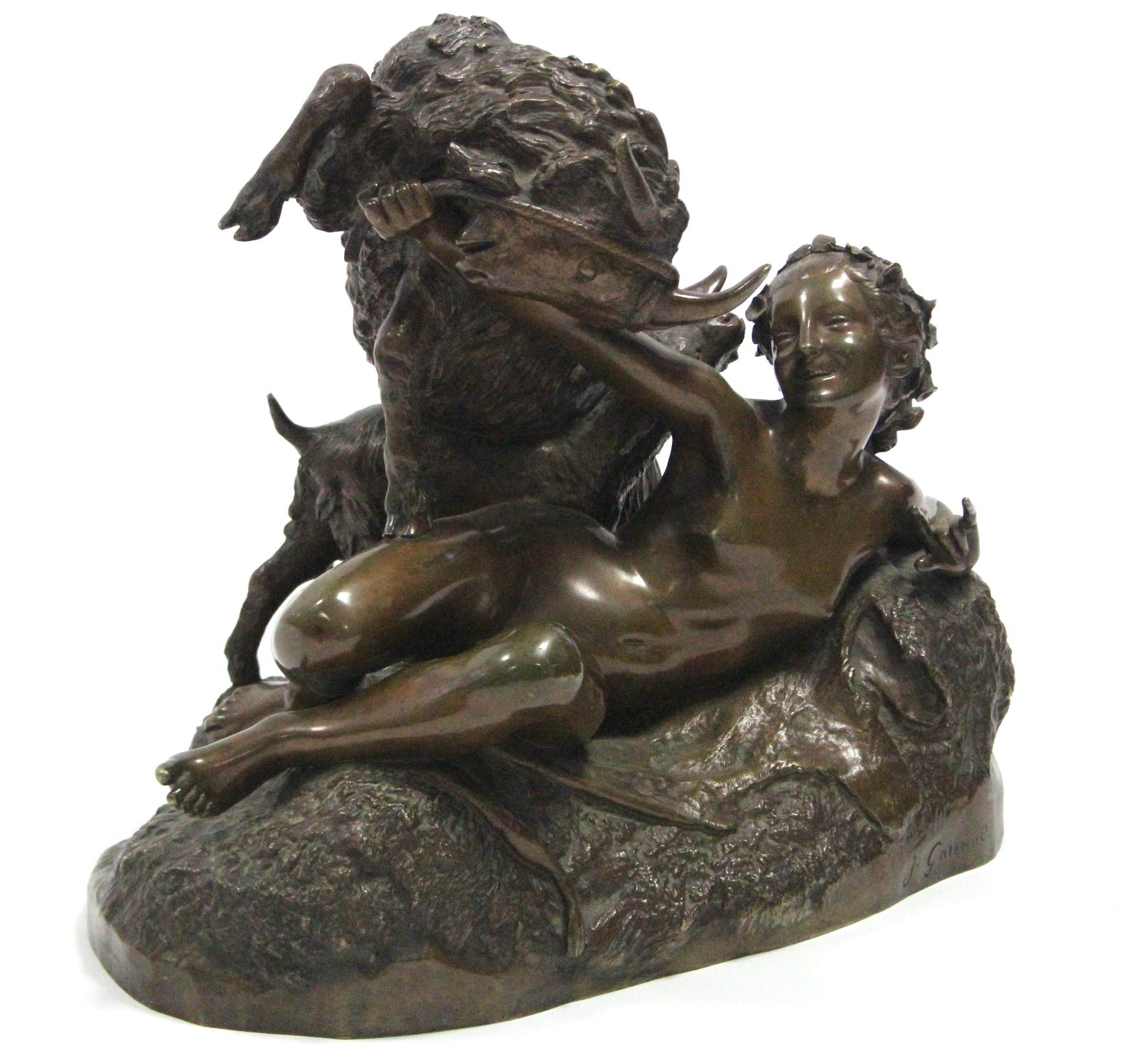 GAREAUD, J. A bronze group of a nude female figure reclining on an animal skin, a goat & kid - Image 3 of 4