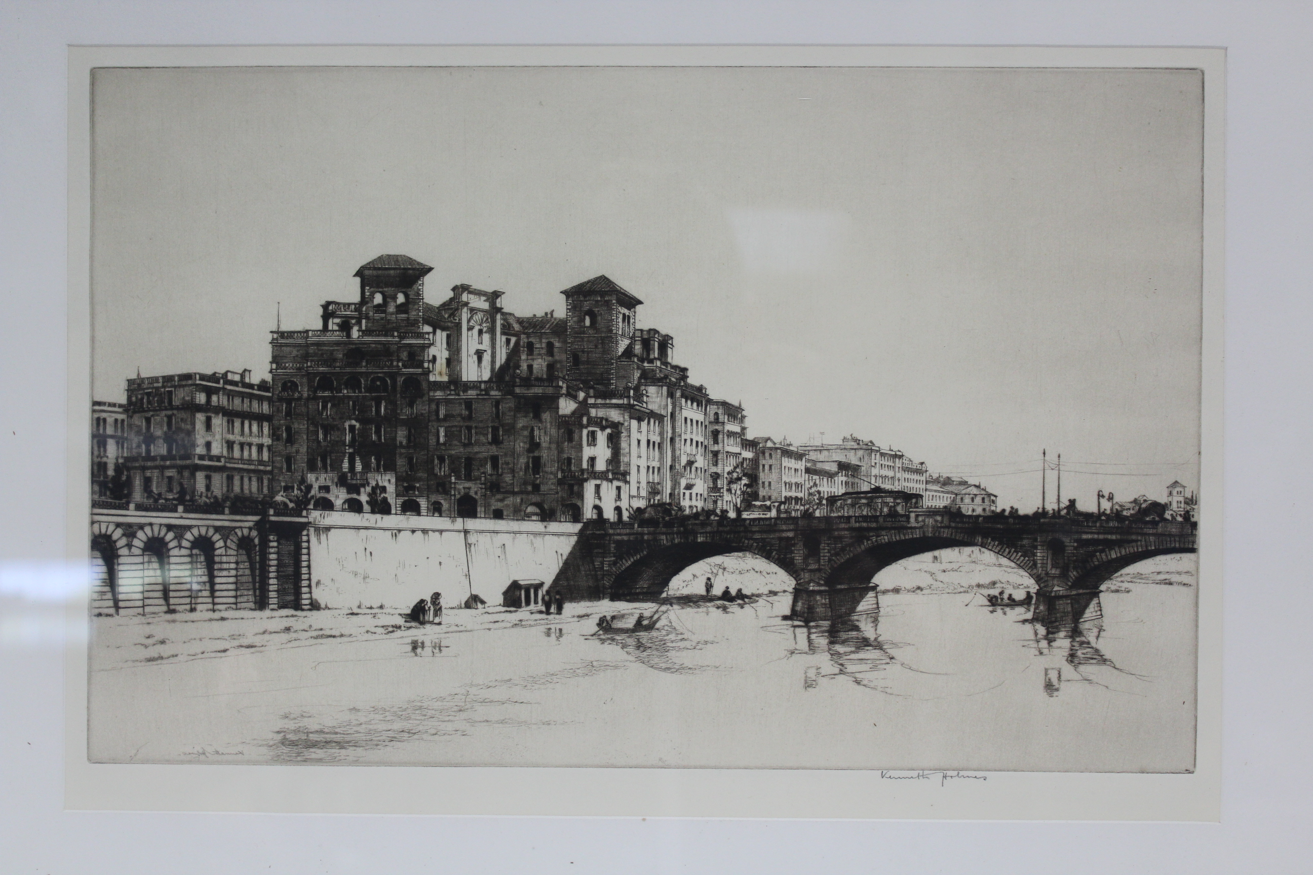 HOLMES, Kenneth (1902-1994). Titled: “Pont Avontino”, black & white etching, signed in pencil to