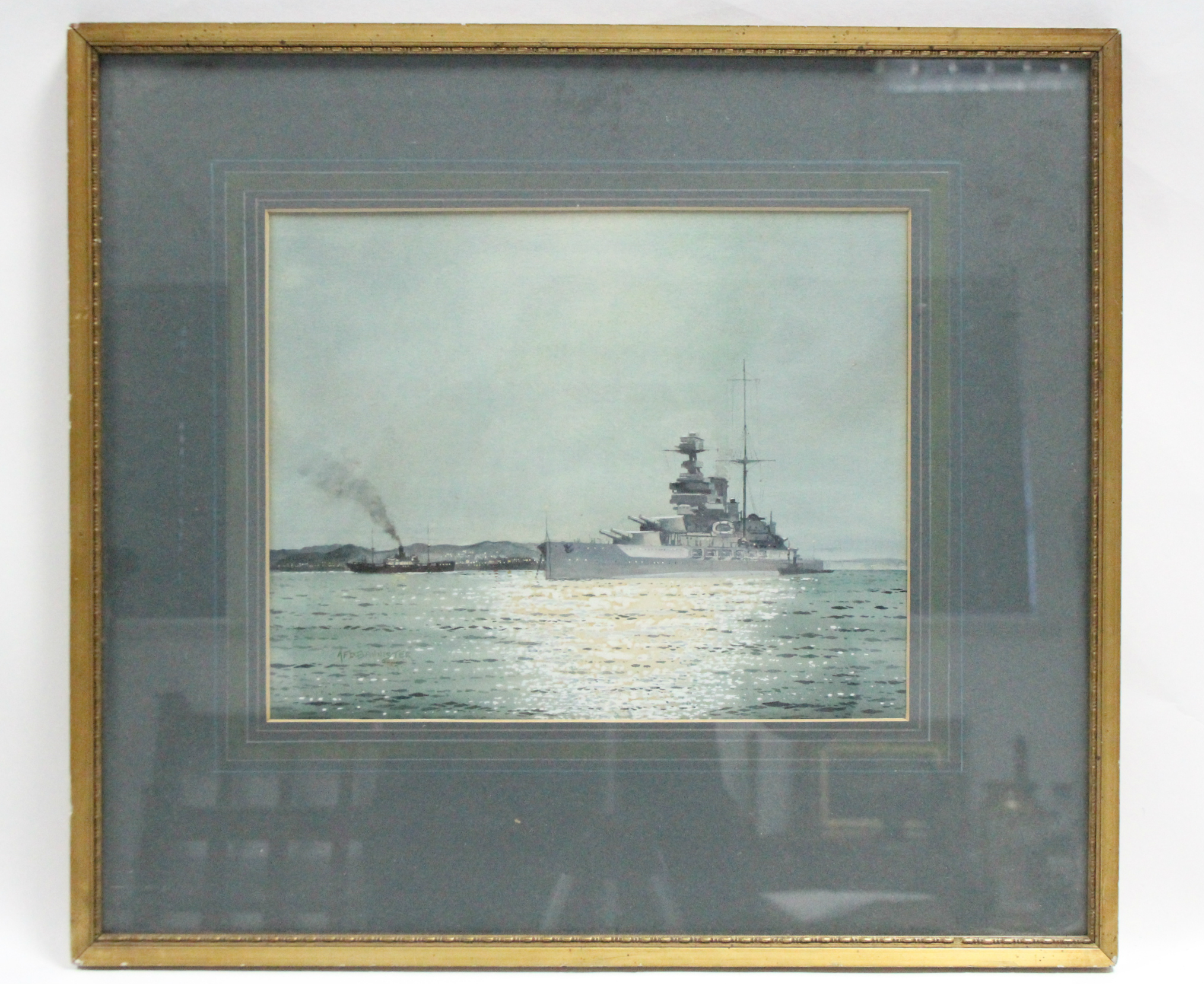 BANNISTER, Albert Francis Derek (1899-1968). H.M.S. Barham at anchor. Signed & dated 1935; - Image 2 of 3