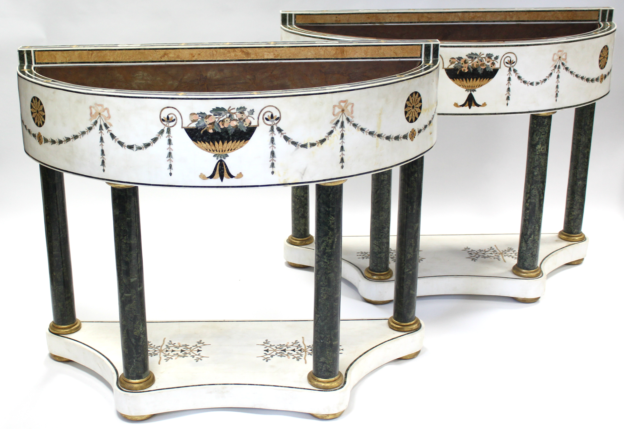 A PAIR OF WHITE MARBLE & PIETRA DURA JARDINIÈRE TABLES, each of demi-lune shape, decorated with husk - Image 2 of 8