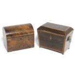 A regency rosewood two-division tea caddy with tapered sides, 7½” wide; & a Victorian burr-walnut