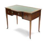 A late Victorian inlaid mahogany writing table inset gilt-tooled green leather to the top & back,