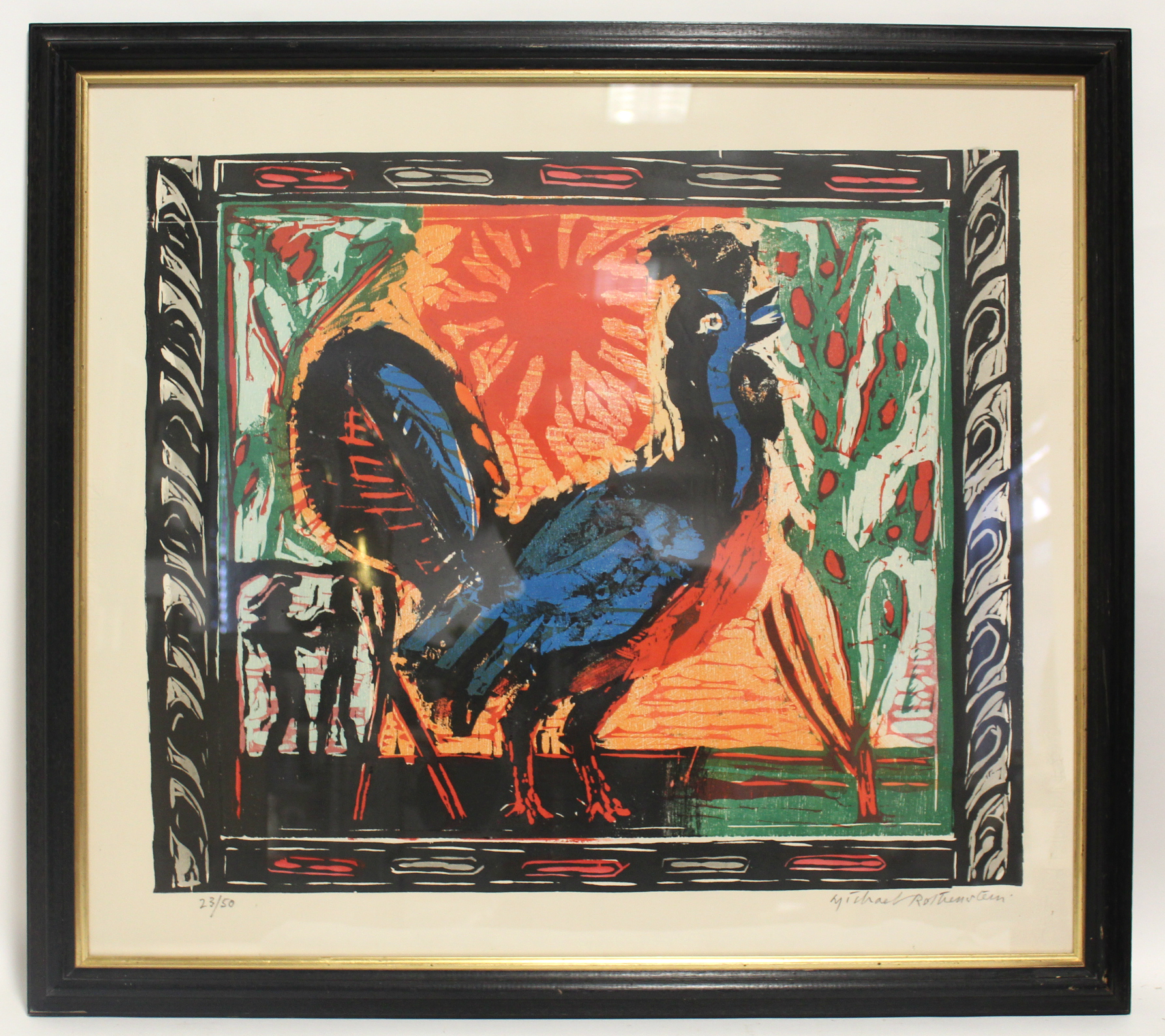 ROTHENSTEIN, Michael (1908-1993). Study of a cockerel. Linocut in vivid colours on Fabriano paper, - Image 2 of 3