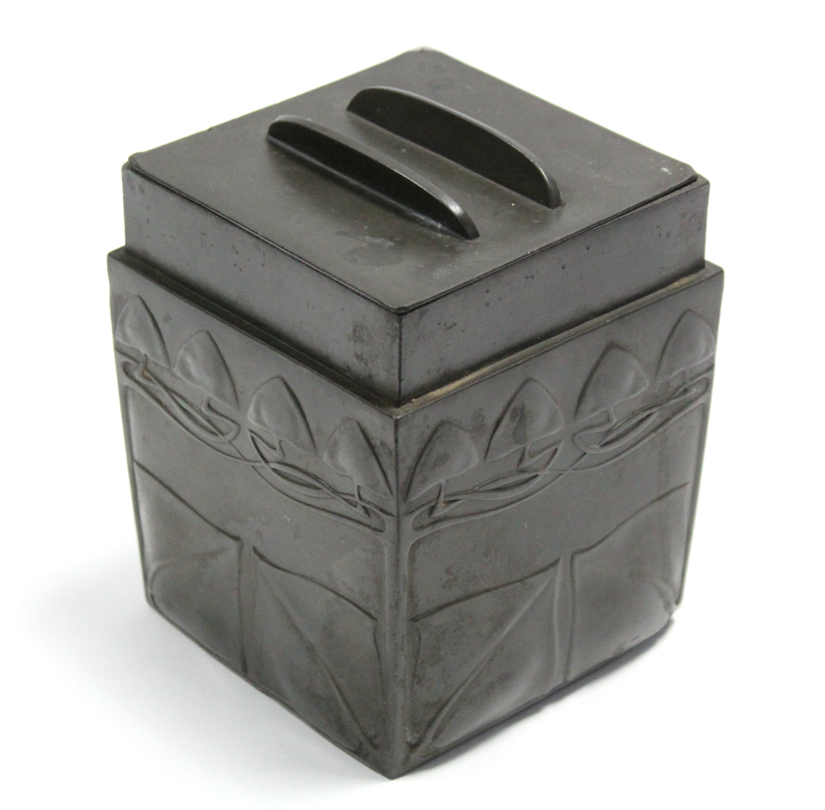 A Liberty ‘Tudric’ pewter square box with flat cover, the sides with stylised foliate decoration