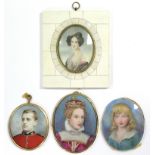 A portrait miniature of a young lady, 3” x 2½” (oval), in rectangular ivory-veneered frame; a late