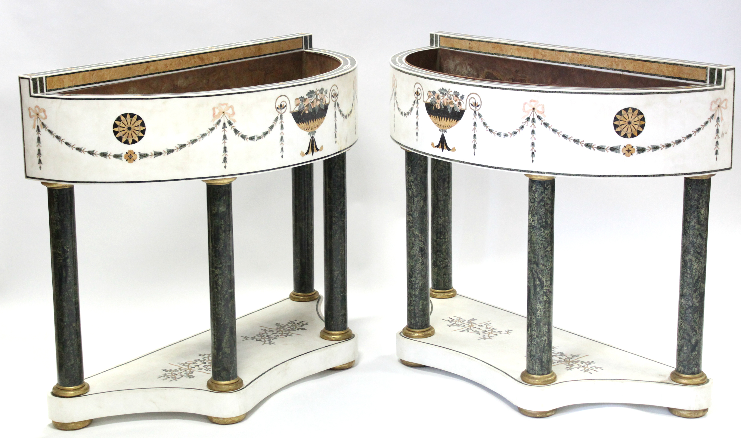 A PAIR OF WHITE MARBLE & PIETRA DURA JARDINIÈRE TABLES, each of demi-lune shape, decorated with husk