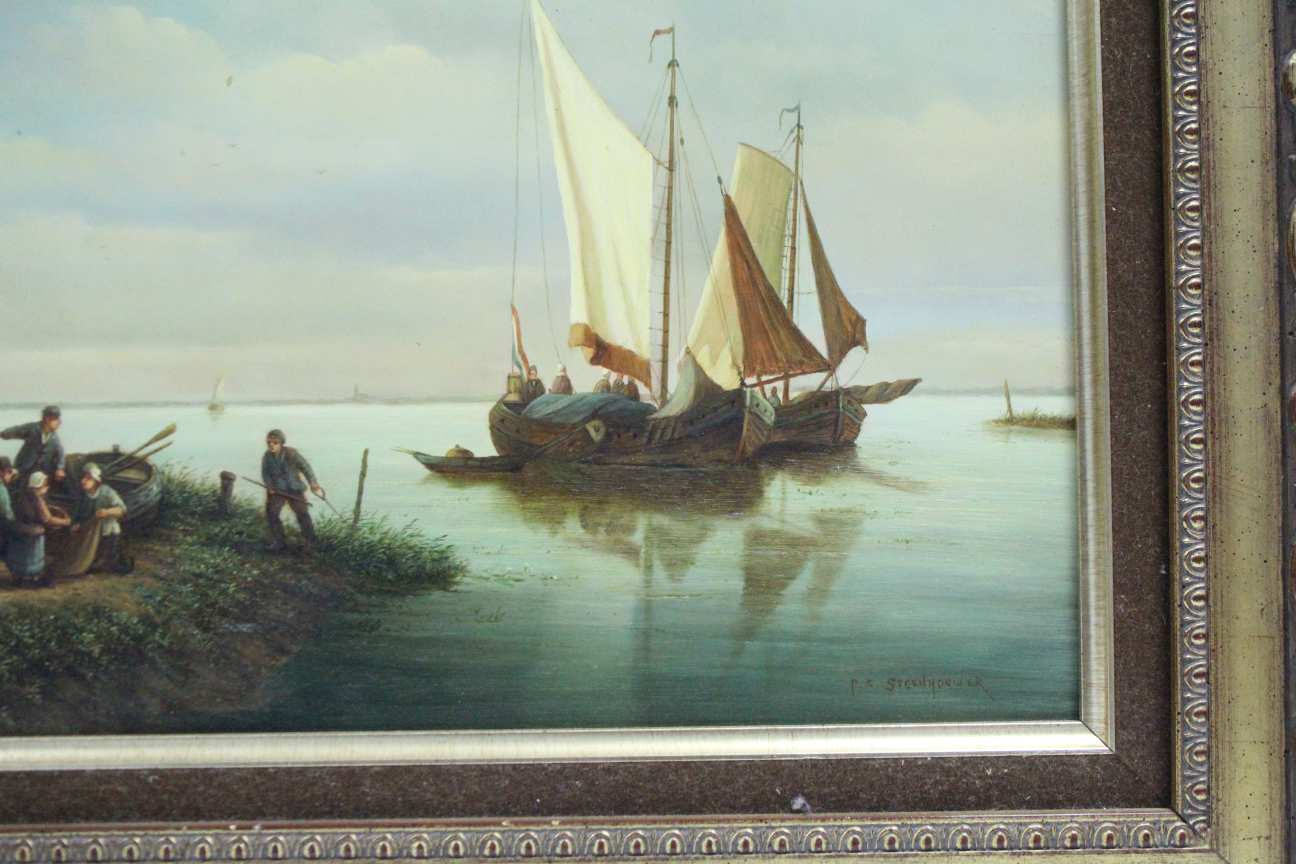 STEENHOUER, P.C. A pair of Dutch coastal scenes with figures & sailing vessels. Signed; oil on - Image 6 of 8