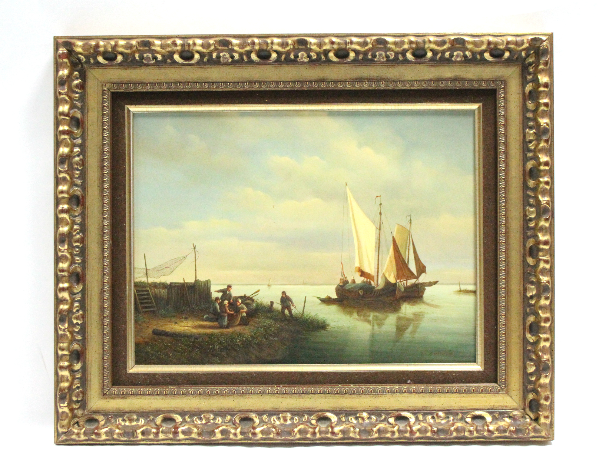 STEENHOUER, P.C. A pair of Dutch coastal scenes with figures & sailing vessels. Signed; oil on - Image 4 of 8