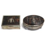 A rectangular trinket box with silver-inlaid hinged lid, 4½” wide, London 1915 by Corke Bros.; & a