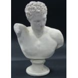 A plaster cast of a classical male bust, on round socle; 20½” high.