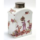 An 18th century Meissen porcelain rectangular tea caddy with rounded shoulders, painted in
