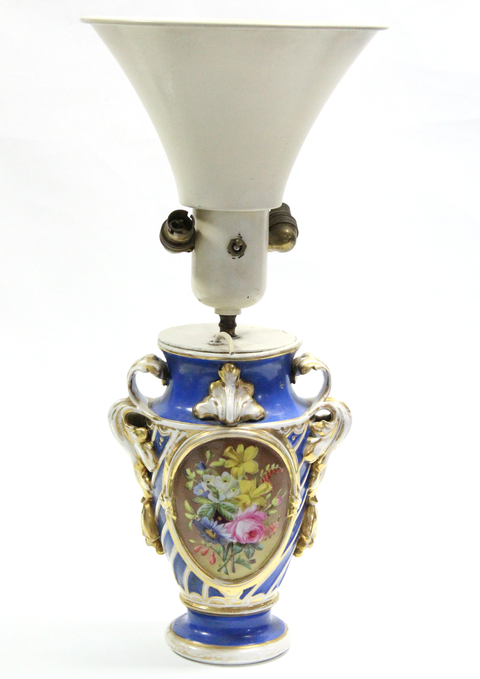 A 19th century Paris porcelain two-handled ovoid vase with painted floral panels on a blue, white, &