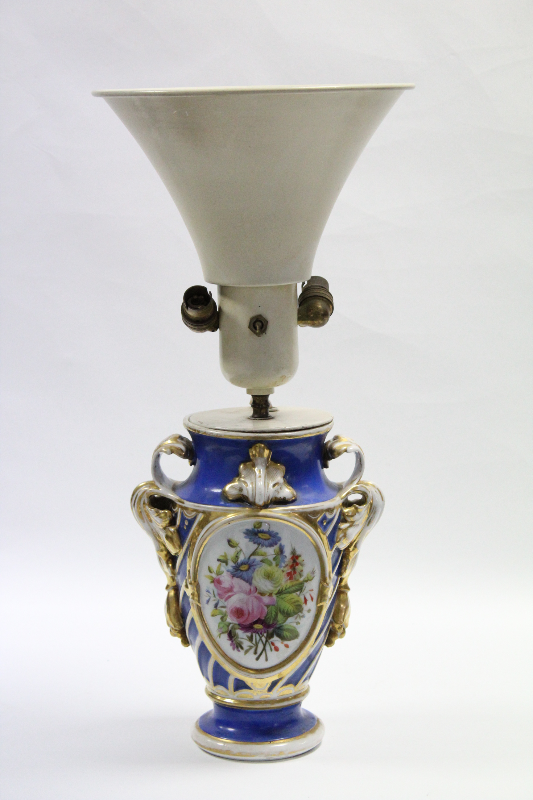 A 19th century Paris porcelain two-handled ovoid vase with painted floral panels on a blue, white, & - Image 2 of 4