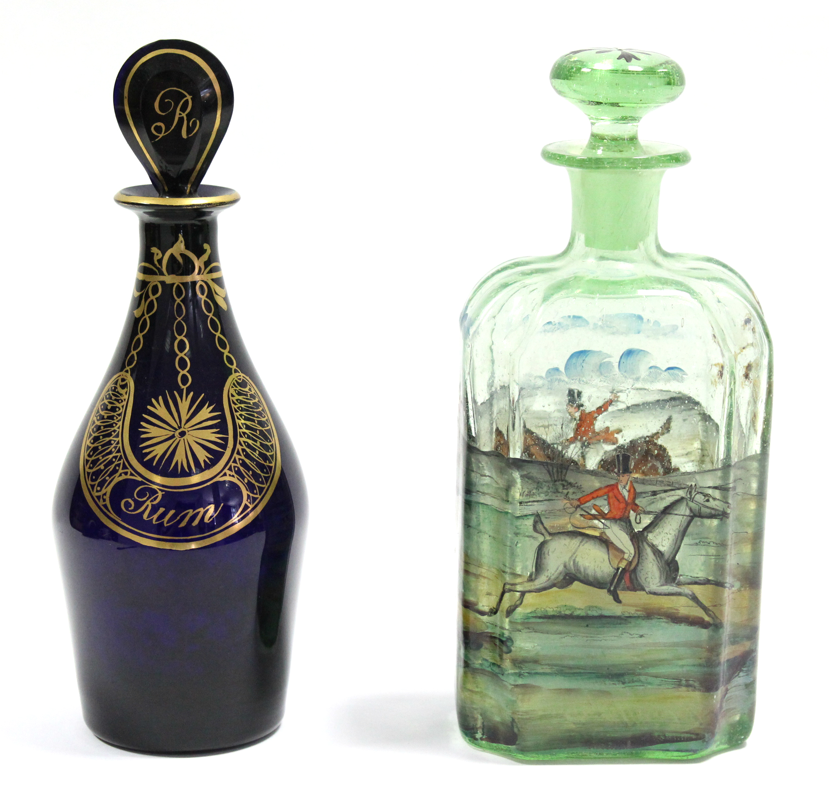 A late 18th century blue glass mallet-shaped decanter with flat-sided oval stopper & painted gilt