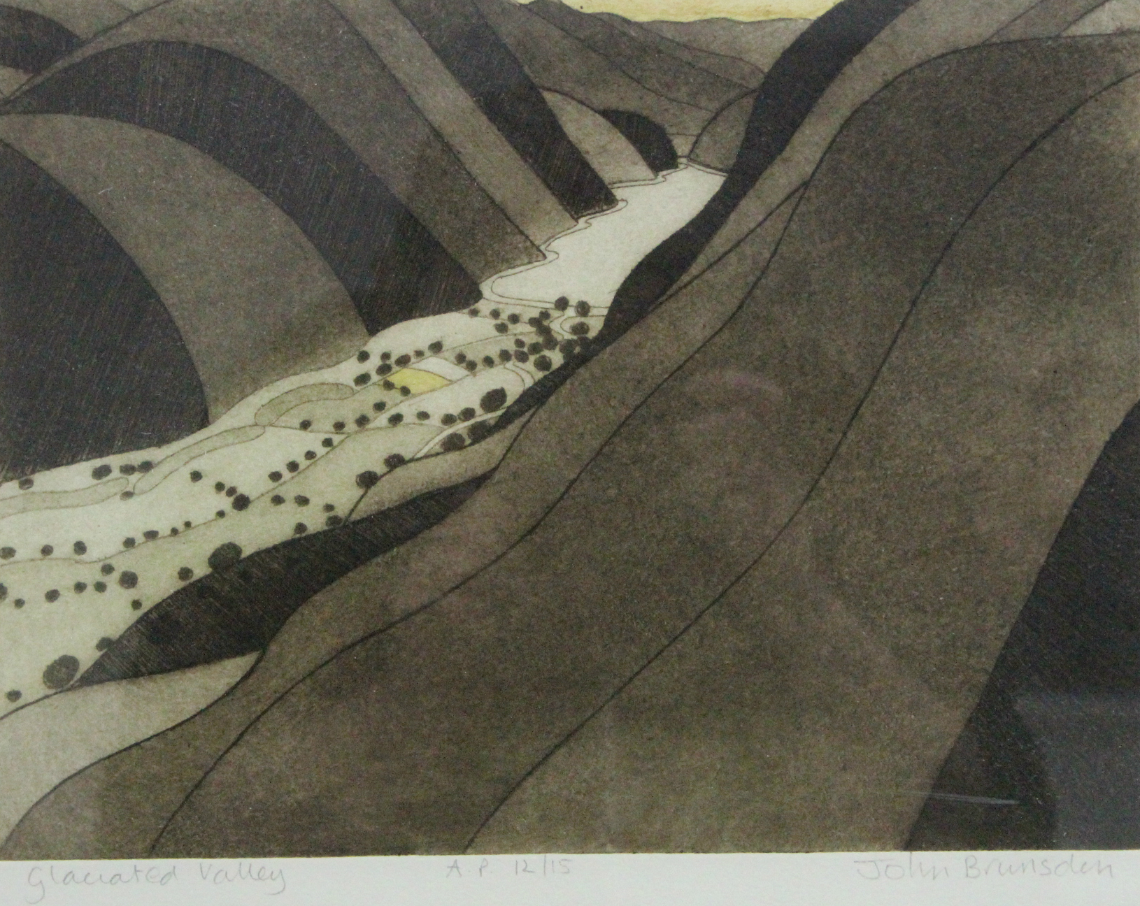 BRUNSDON, John (1933-2014). “Glaciated Valley” (12/15), & “The Valley” (117/150); coloured etchings,