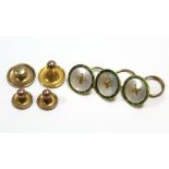 Three 18ct. gold, mother-of-pearl, & green enamel circular shirt buttons; & four 9ct. gold shirt