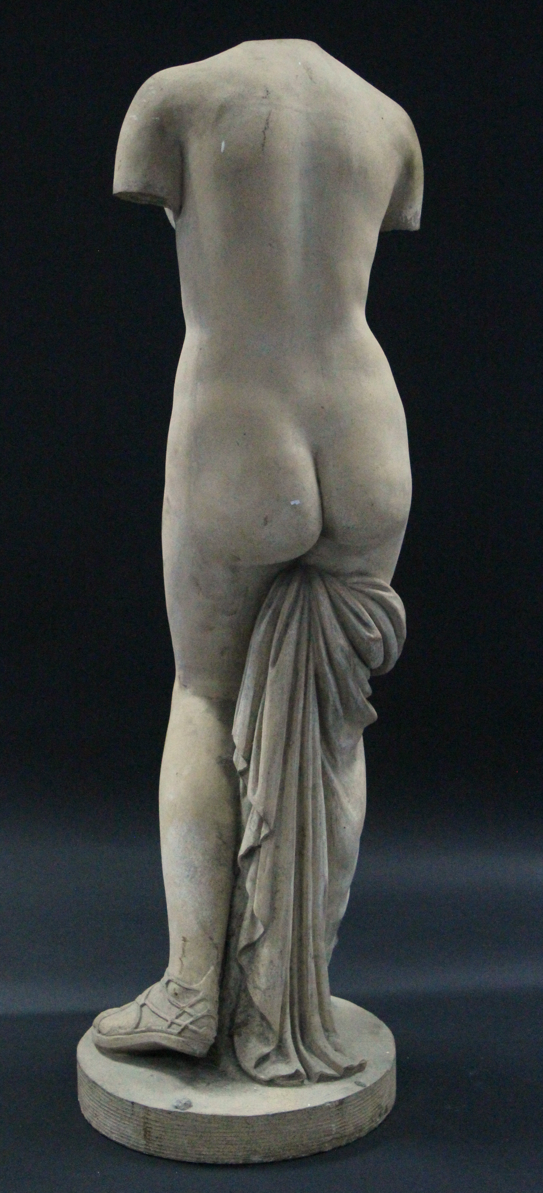 A reconstituted stone classical female nude figure, on flat circular base; 34¾” high. - Image 3 of 4