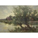 JOHNSON, S. A river landscape with angler seated beneath trees to the fore.