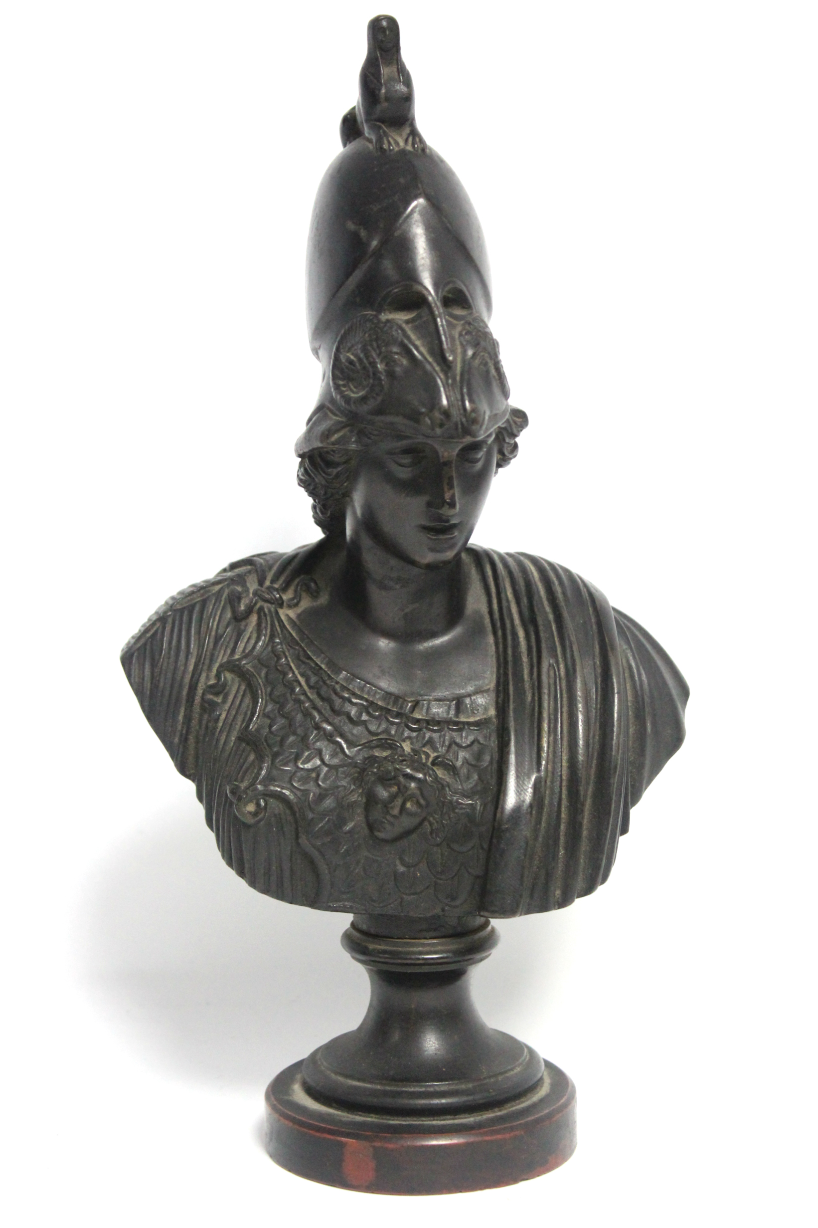 A 19th century bronze bust of Mars, on round socle, & rouge marble flat circular base; 12” high.