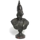 A 19th century bronze bust of Mars, on round socle, & rouge marble flat circular base; 12” high.