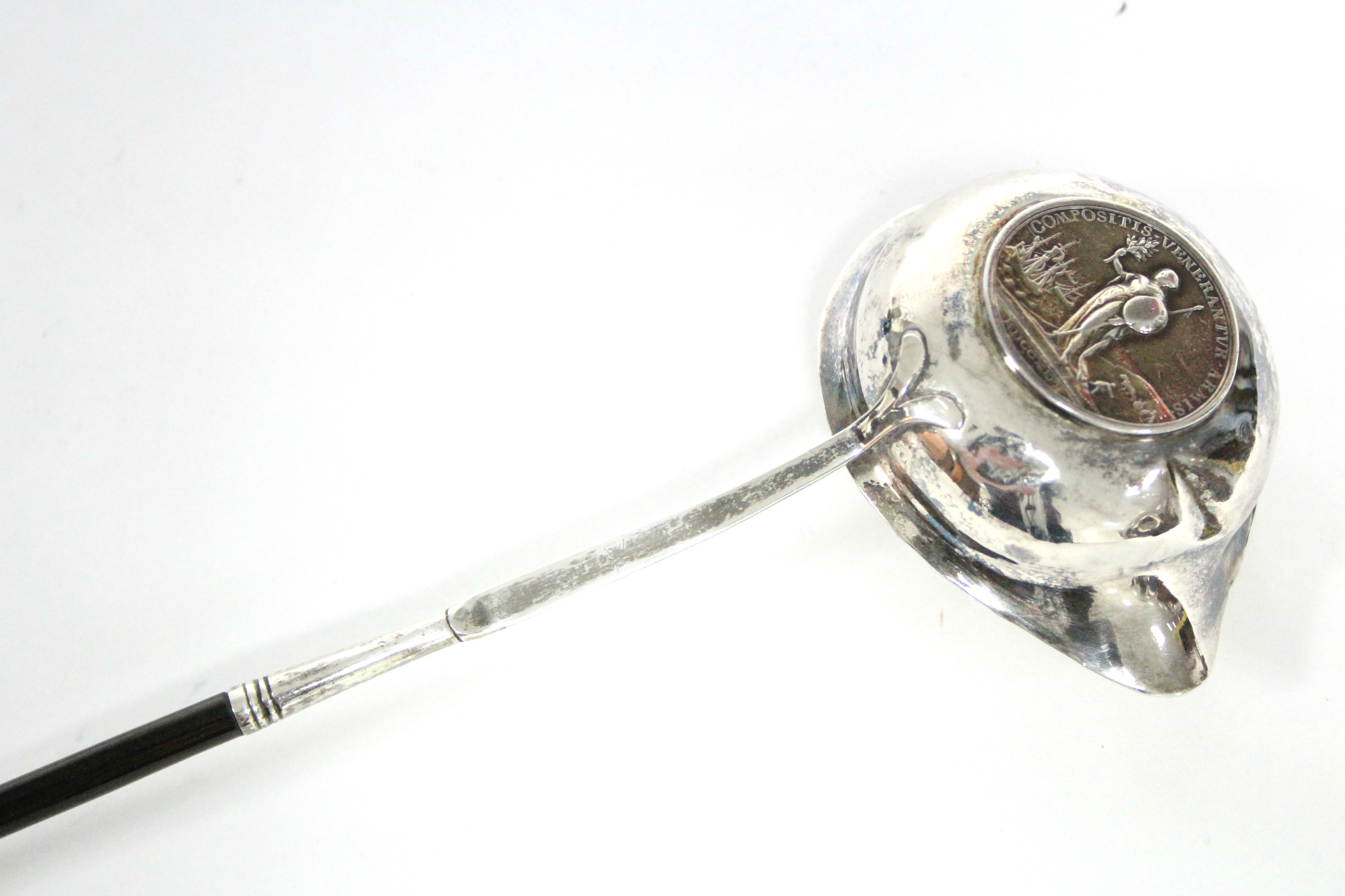 An 18th century punch ladle, the round single-lipped bowl inset Queen Anne medal commemorating the - Image 3 of 3