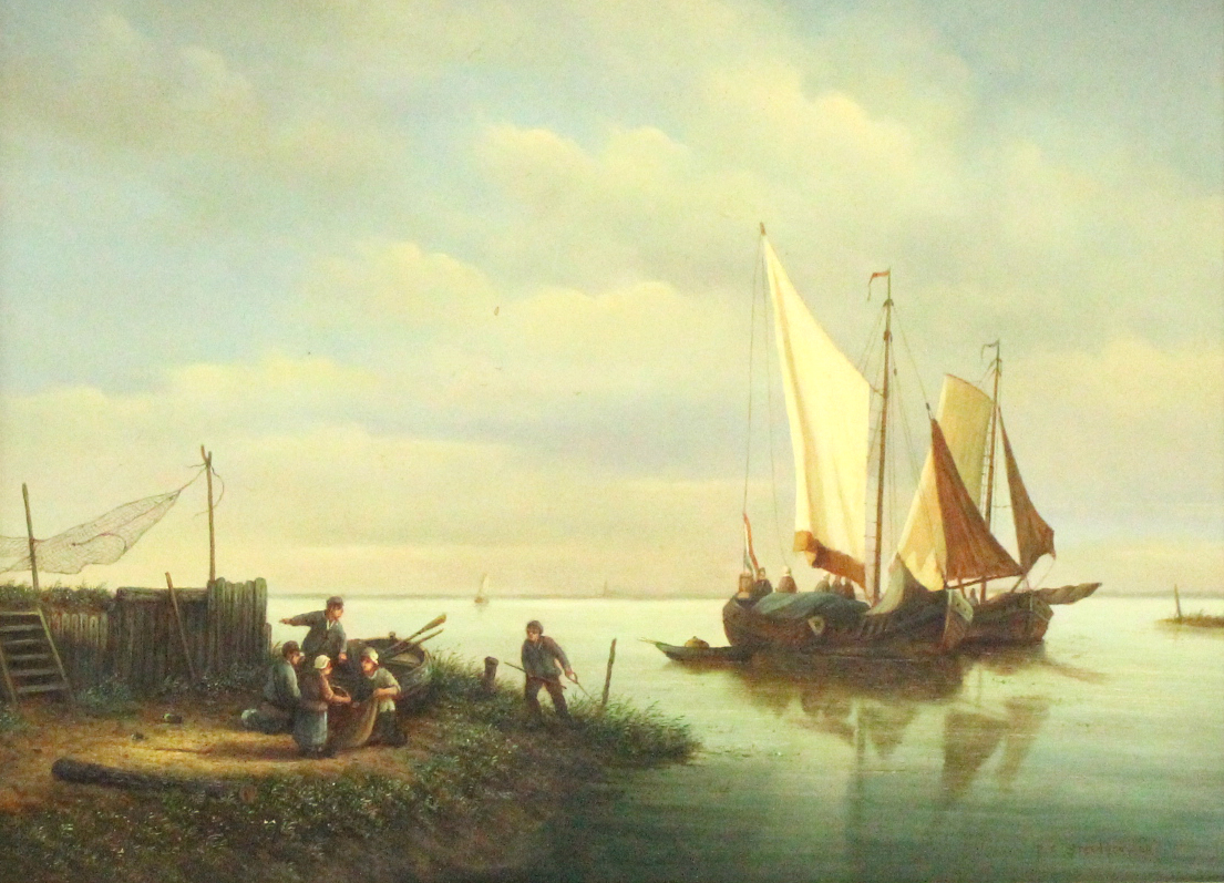 STEENHOUER, P.C. A pair of Dutch coastal scenes with figures & sailing vessels. Signed; oil on - Image 2 of 8