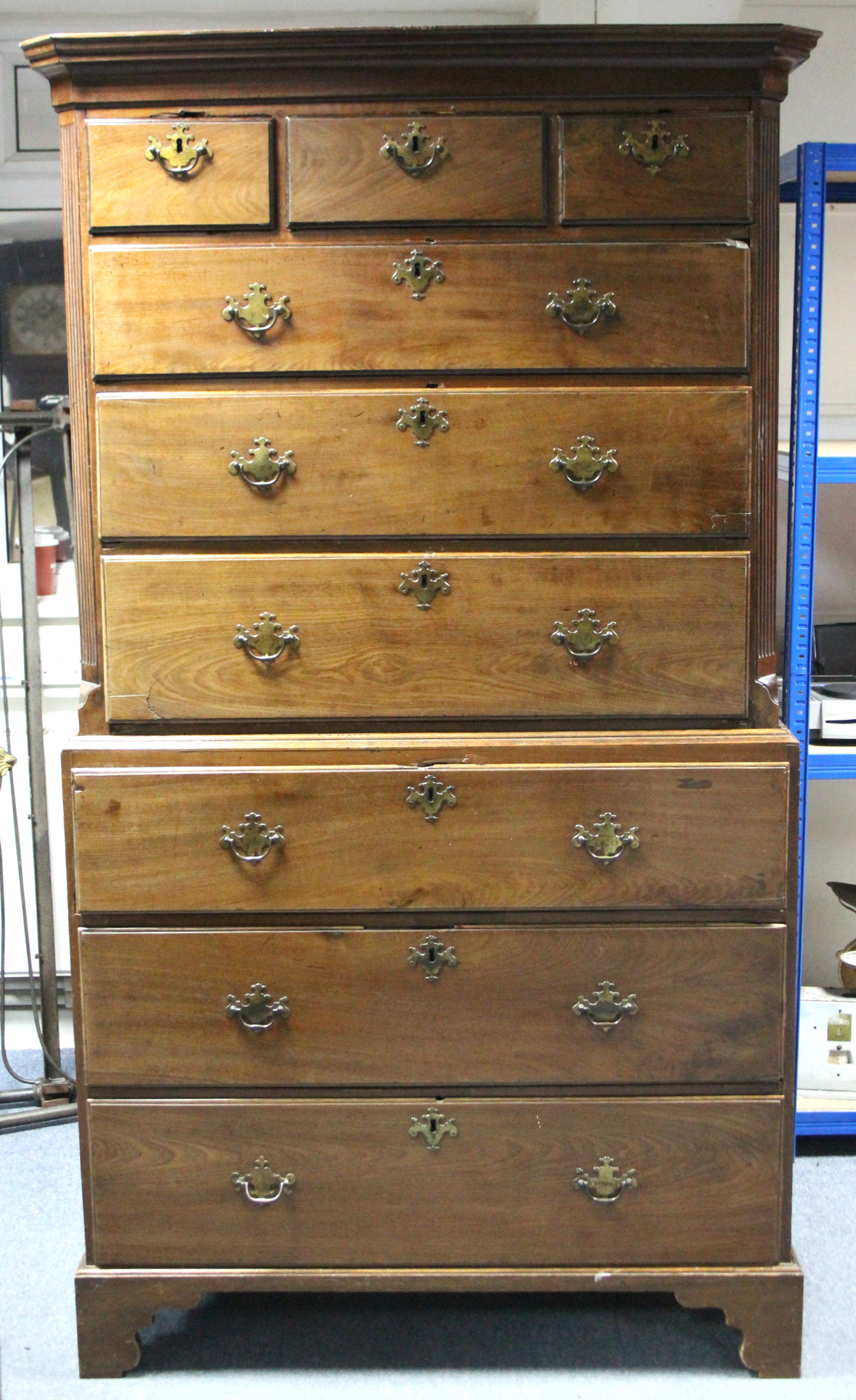 An 18th century mahogany chest-on-chest, the upper part with cavetto cornice & fluted canted - Image 2 of 5