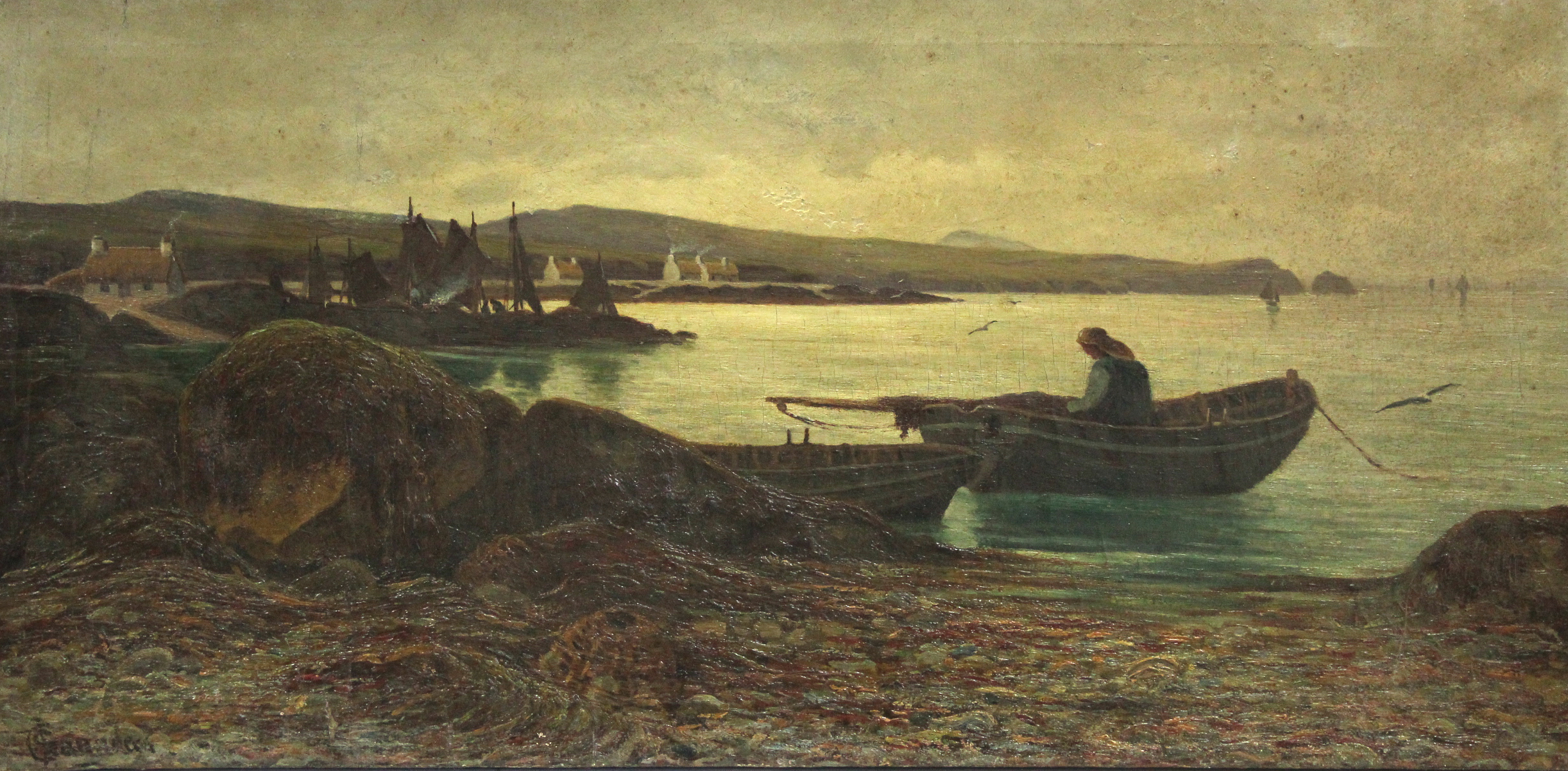 SAUNDERS, Charles L. (late 19th century). A fishing village with fisherman in small boats, 18½” x
