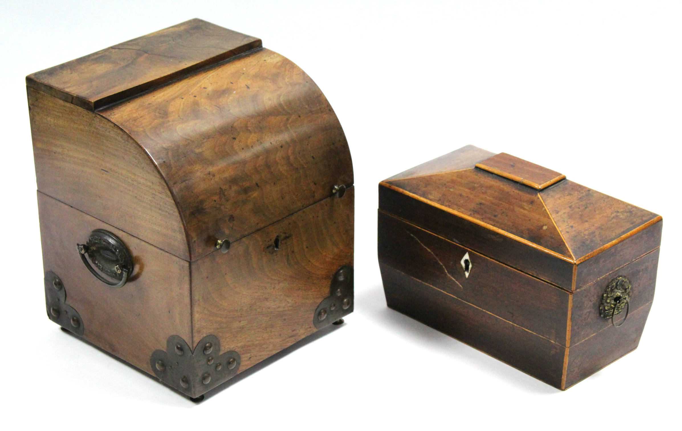 An early 19th century figured mahogany square decanter box with cylinder front to the hinged lid, - Image 3 of 3