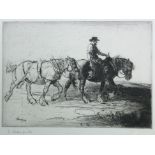 BLAMPIED, Edmund (1886-1966). A farm hand & two draught horses, titled: “Homeward Bound”. Black &